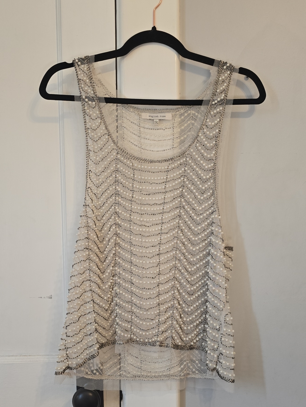 english rose Silver Beaded Chevron Tank Top